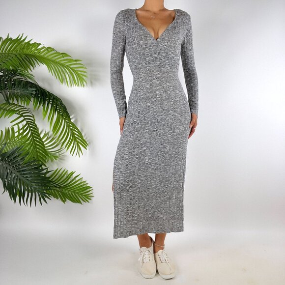 Womens Vintage Gray Bodycon Classy Casual Long Sleeve Knit Maxi Dress / Small - Picture 4 of 6